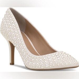 Pearl-Embellished Cream Heels Size 7.5